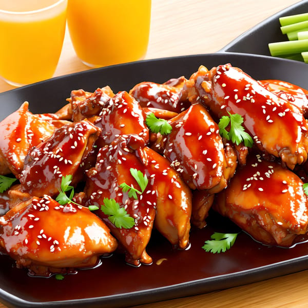 Sweet and sour chicken wings with sesame seeds and cilantro, served with orange juice and celery.