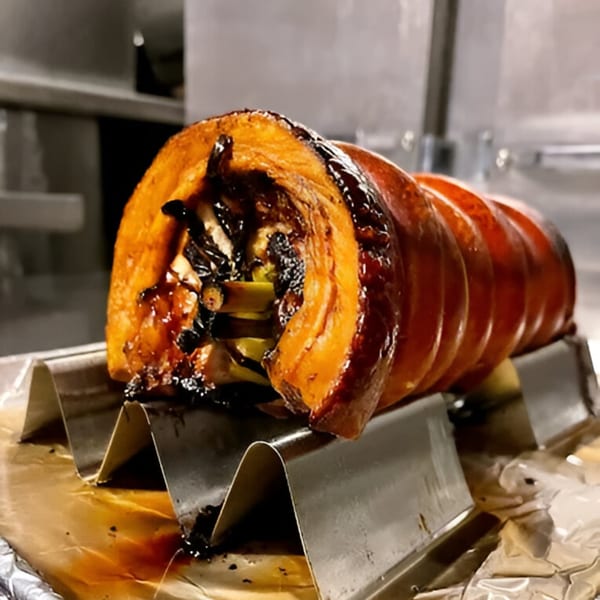 A golden-brown, crispy-skinned Cebu Lechon belly roll, stuffed with herbs, rests on a metal rack.