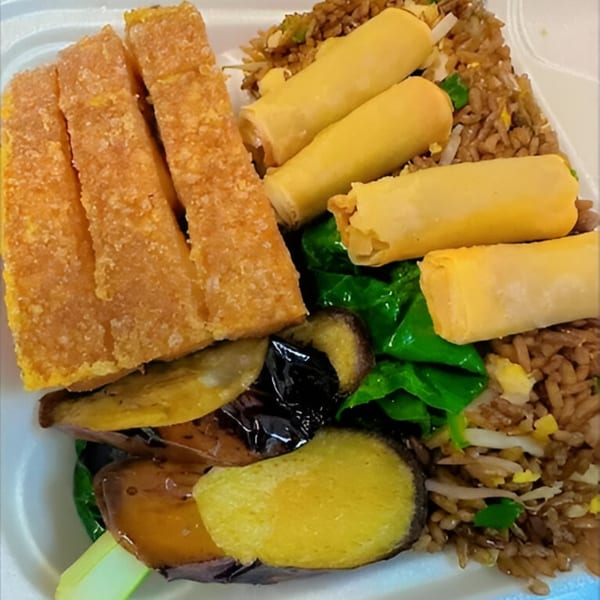 A Chinese takeout container filled with fried rice, egg rolls, fried tofu, and stir-fried vegetables.