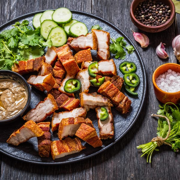 Crispy pork belly with sliced cucumbers, cilantro, jalapenos, and dipping sauce on a dark plate.